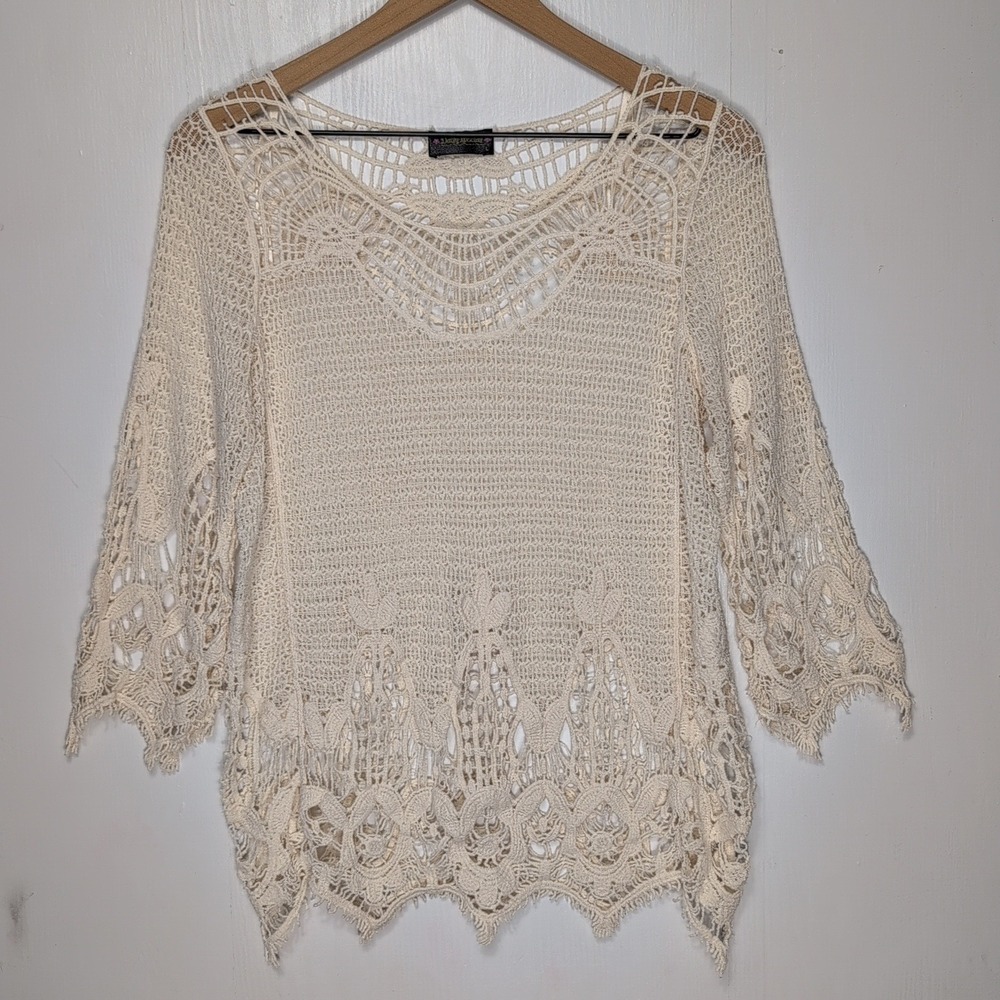 Daily Special Crochet Knit Top Cream Ivory Boho Scalloped Bell Sleeve Large
